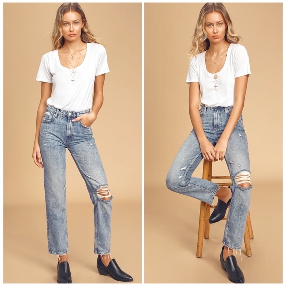 Free People Dakota Straight Leg Distressed High Rise in Vintage Indigo Size 29 - Picture 1 of 15